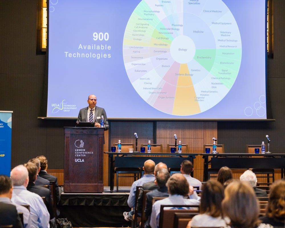 Amir Naiberg speaking to the crowd of attendees in front of a screen with a graph and the caption "900 available technologies"